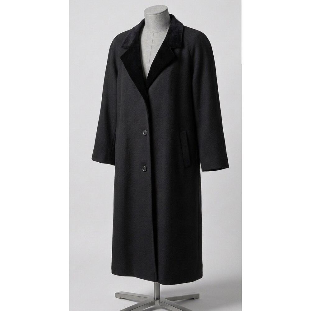 Vtg Forecaster of Boston Womens Sz 12 Black Longe Wool Coat Velvet Cuffs Collar